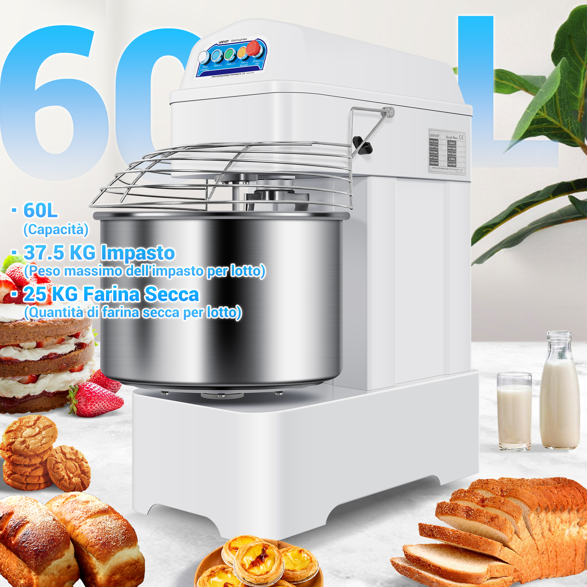 Leevot Impastatrice a Spirale Professionale da 60L – Capacità Elevata, Doppia Rotazione e Sicurezza Avanzata per Cucine e Panifici