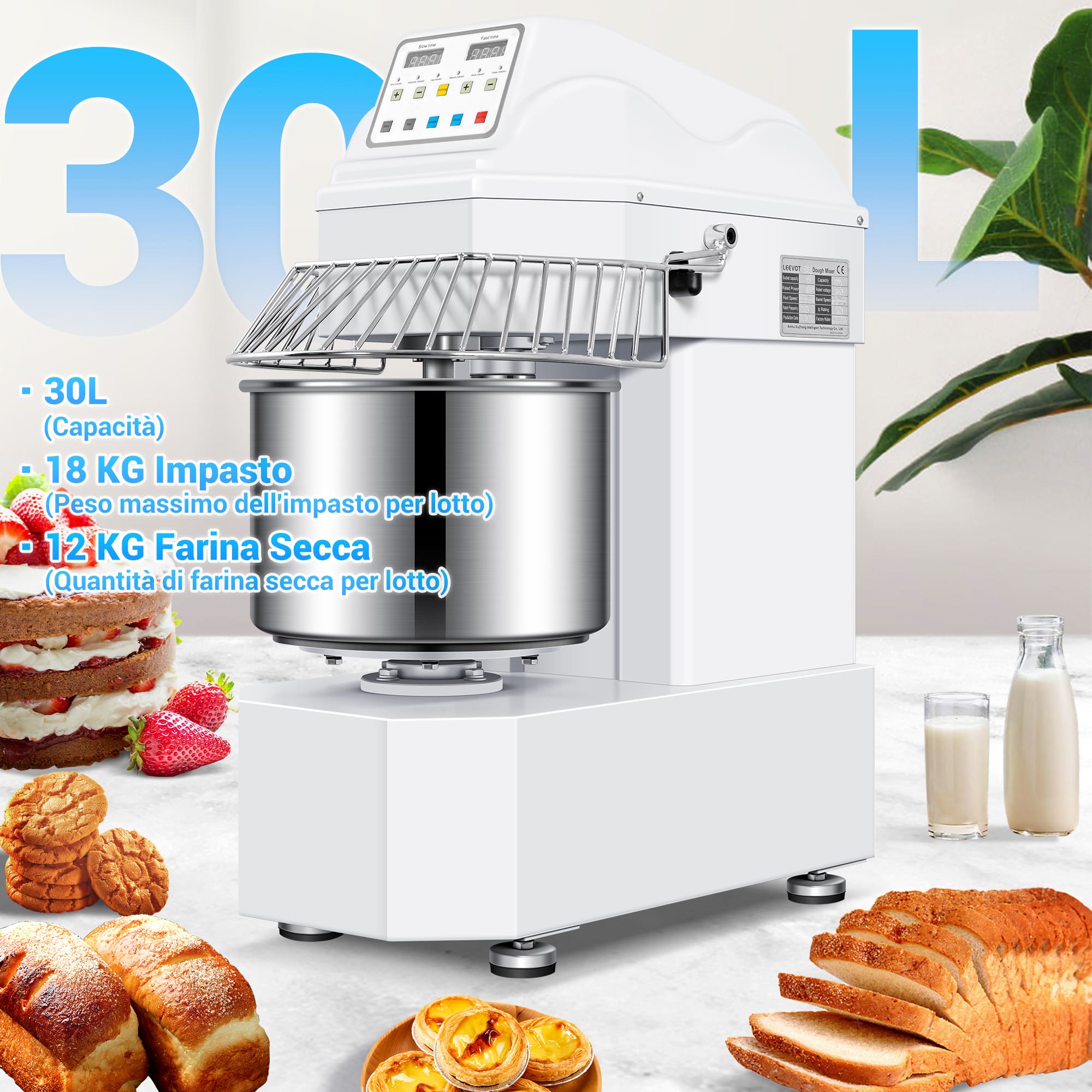 Impastatrice a Spirale Commerciale da 30L con Motore a 2 Velocità e Funzione di Arresto Automatico per la Sicurezza – Ideale per Impasti di Pizza, Pane e Biscotti