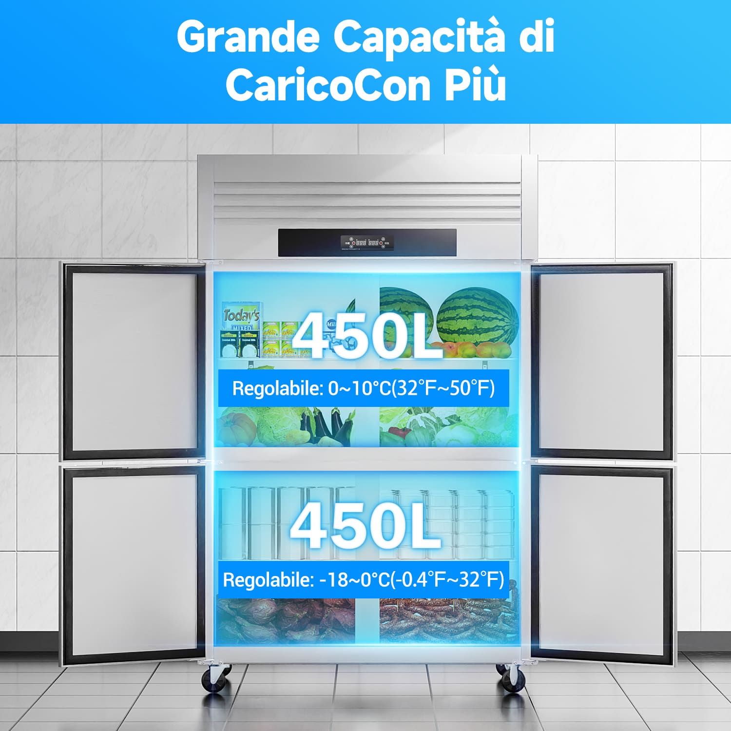 Congelatore Commerciale in Acciaio Inossidabile da 900L, Refrigeratore Verticale da 300W, 220V per la Conservazione di Cibi Freschi e Surgelati.