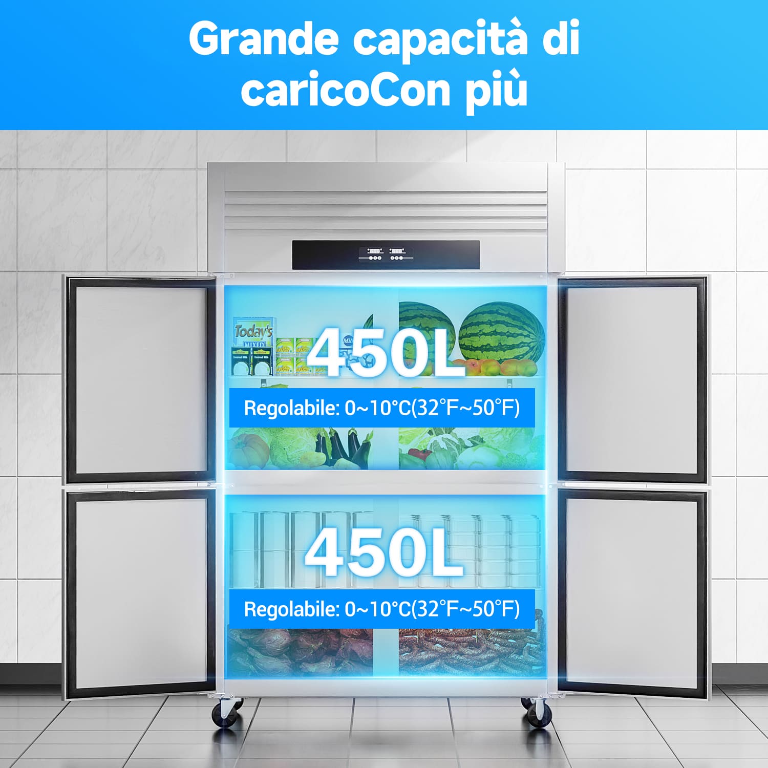 900L Congelatore Commerciale a Porta Solida Reach-In, Refrigeratore Verticale da 300W, Armadio Refrigerato in Acciaio Inossidabile da 220V per la Conservazione di Cibi Freschi.