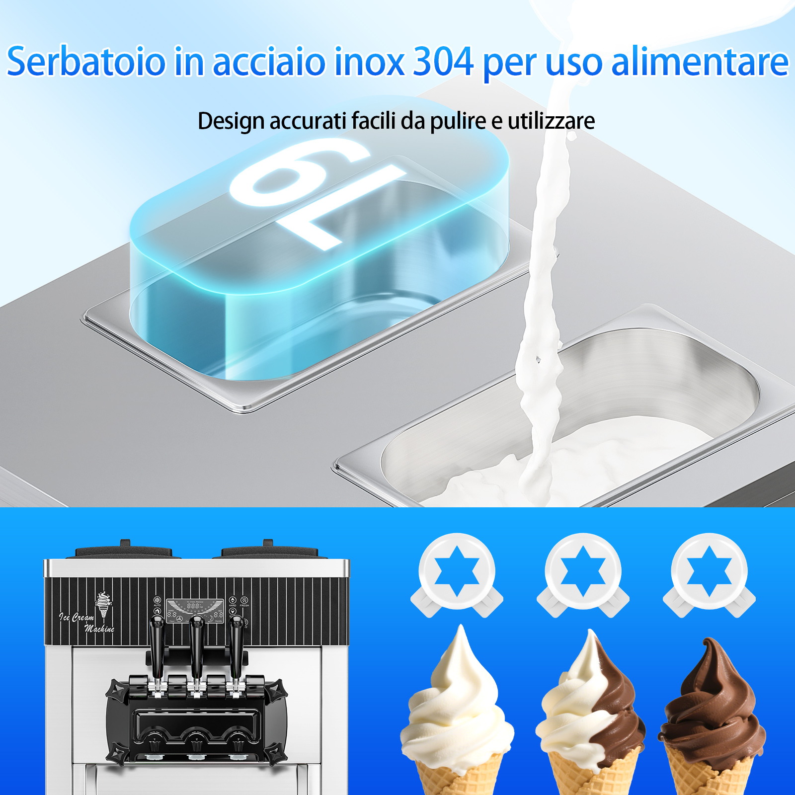 Leevot Macchina Gelato Soft 28 Qt/H – 2450W, 2x6L Vasche, 3 Erogatori, Display LCD, Auto-Pulizia e Pre-Raffreddamento, per Ristoranti e Bar