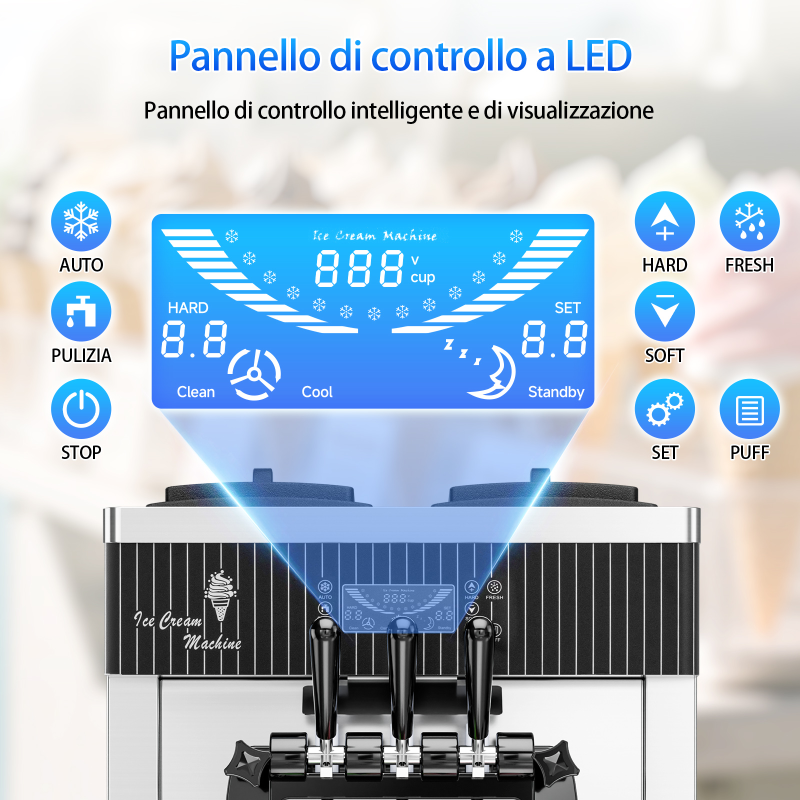Leevot Macchina Gelato Soft 28 Qt/H – 2450W, 2x6L Vasche, 3 Erogatori, Display LCD, Auto-Pulizia e Pre-Raffreddamento, per Ristoranti e Bar