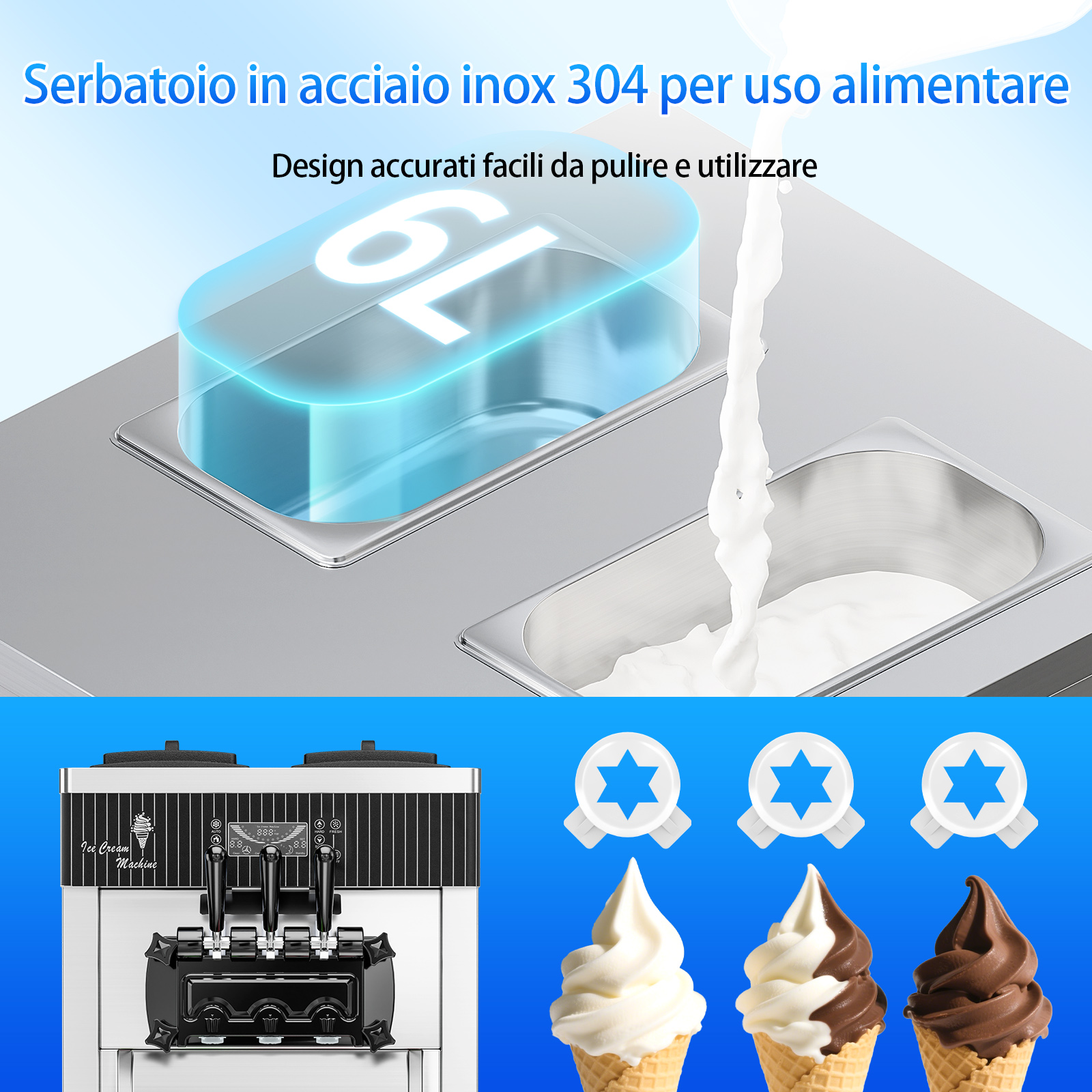 Leevot Macchina Gelato Soft da Banco 28 Qt/H – 2450W, 2x6L Vasche, 3 Erogatori, Display LCD, Auto-Pulizia e Pre-Raffreddamento, per Ristoranti e Bar