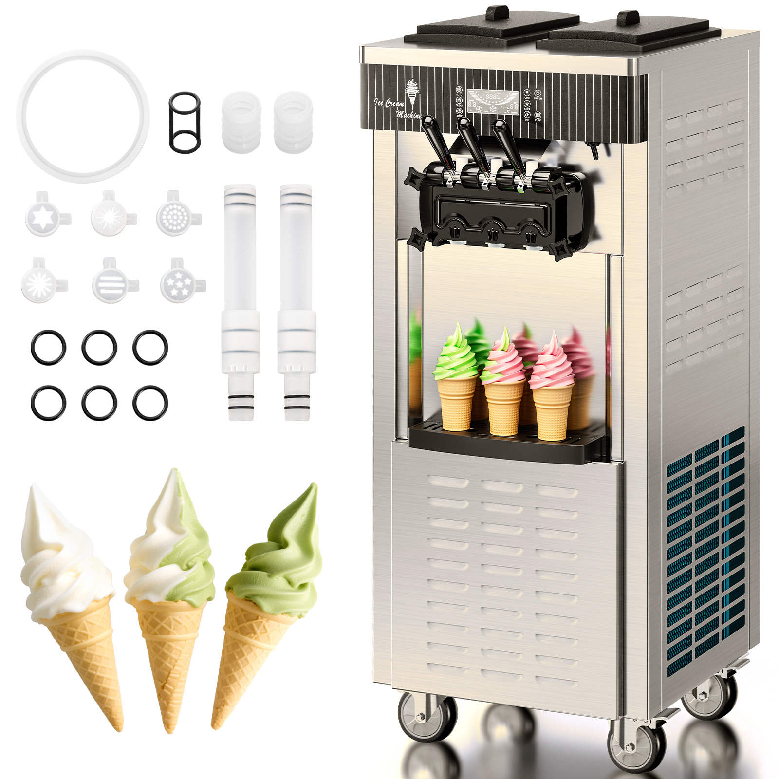 Leevot Macchina Gelato Soft 28 Qt/H – 2450W, 2x6L Vasche, 3 Erogatori, Display LCD, Auto-Pulizia e Pre-Raffreddamento, per Ristoranti e Bar