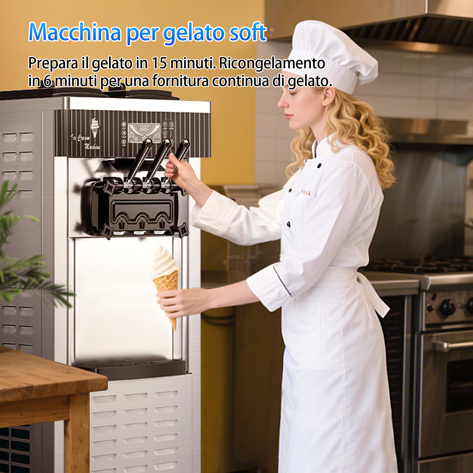 Leevot Macchina Gelato Soft 28 Qt/H – 2450W, 2x6L Vasche, 3 Erogatori, Display LCD, Auto-Pulizia e Pre-Raffreddamento, per Ristoranti e Bar