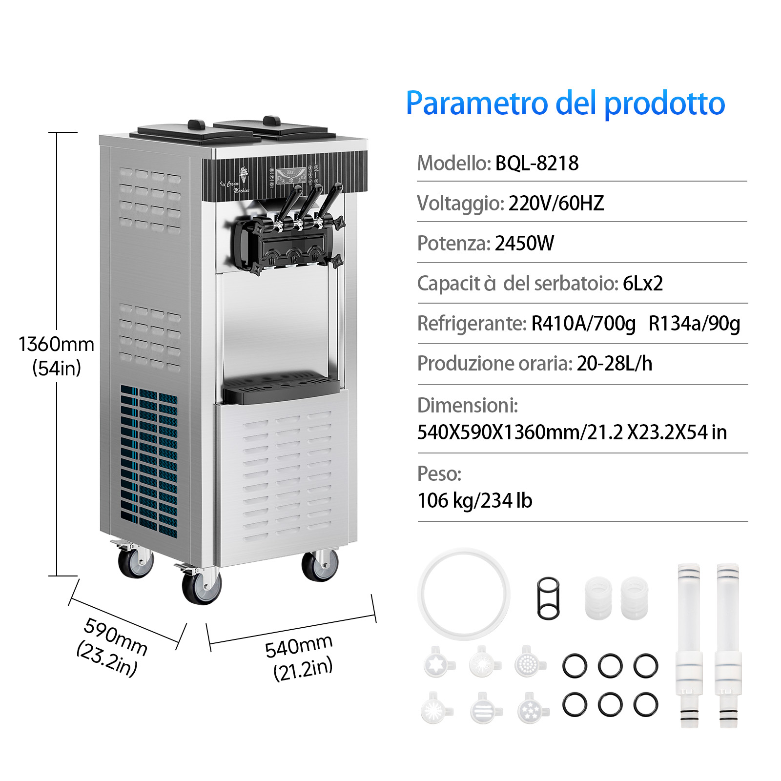 Leevot Macchina Gelato Soft 28 Qt/H – 2450W, 2x6L Vasche, 3 Erogatori, Display LCD, Auto-Pulizia e Pre-Raffreddamento, per Ristoranti e Bar