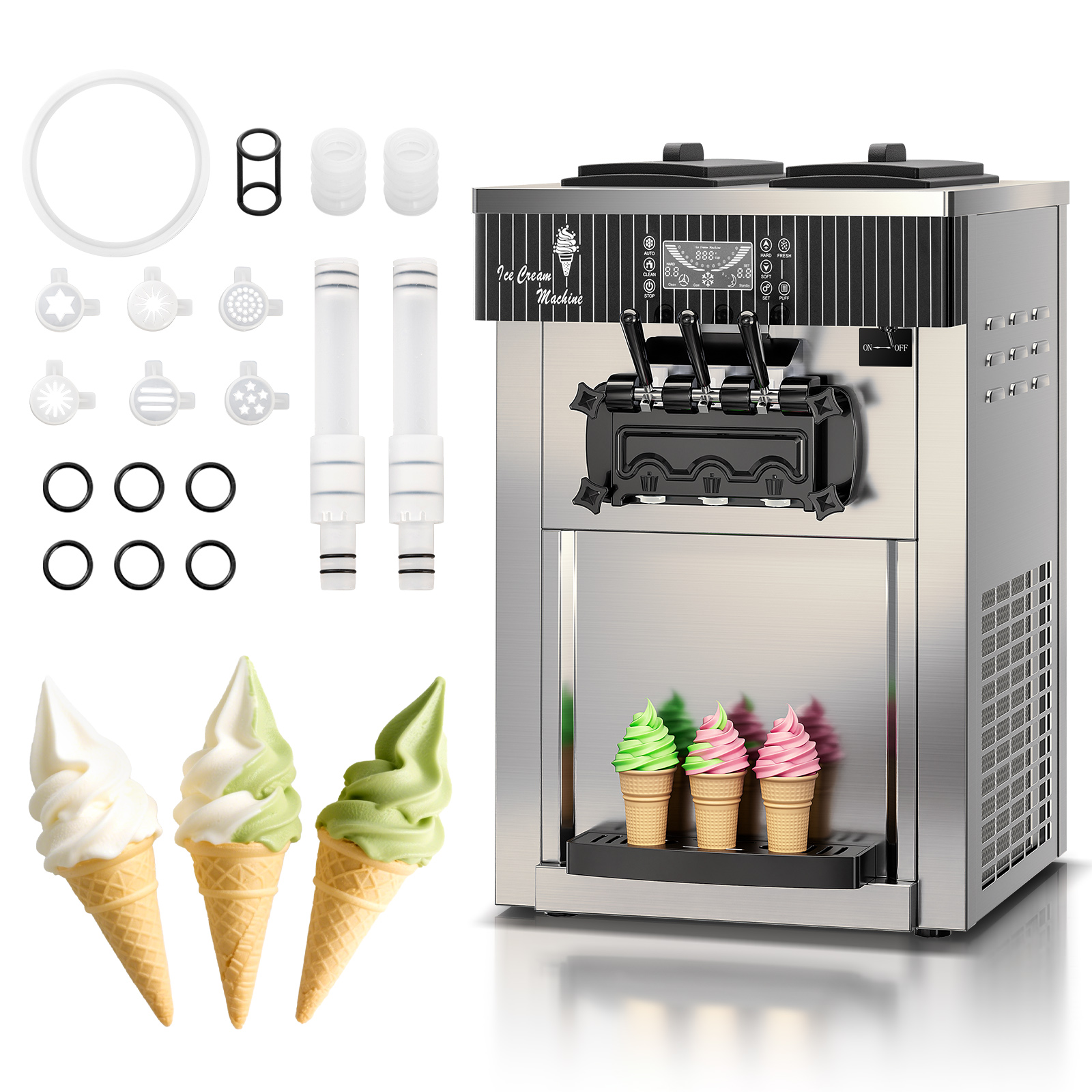 Leevot Macchina Gelato Soft da Banco 28 Qt/H – 2450W, 2x6L Vasche, 3 Erogatori, Display LCD, Auto-Pulizia e Pre-Raffreddamento, per Ristoranti e Bar