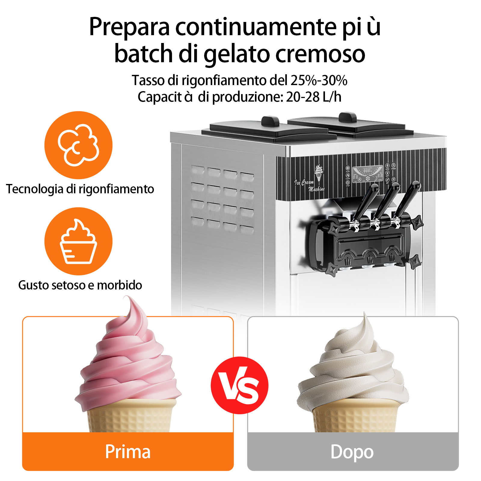 Leevot Macchina Gelato Soft da Banco 28 Qt/H – 2450W, 2x6L Vasche, 3 Erogatori, Display LCD, Auto-Pulizia e Pre-Raffreddamento, per Ristoranti e Bar