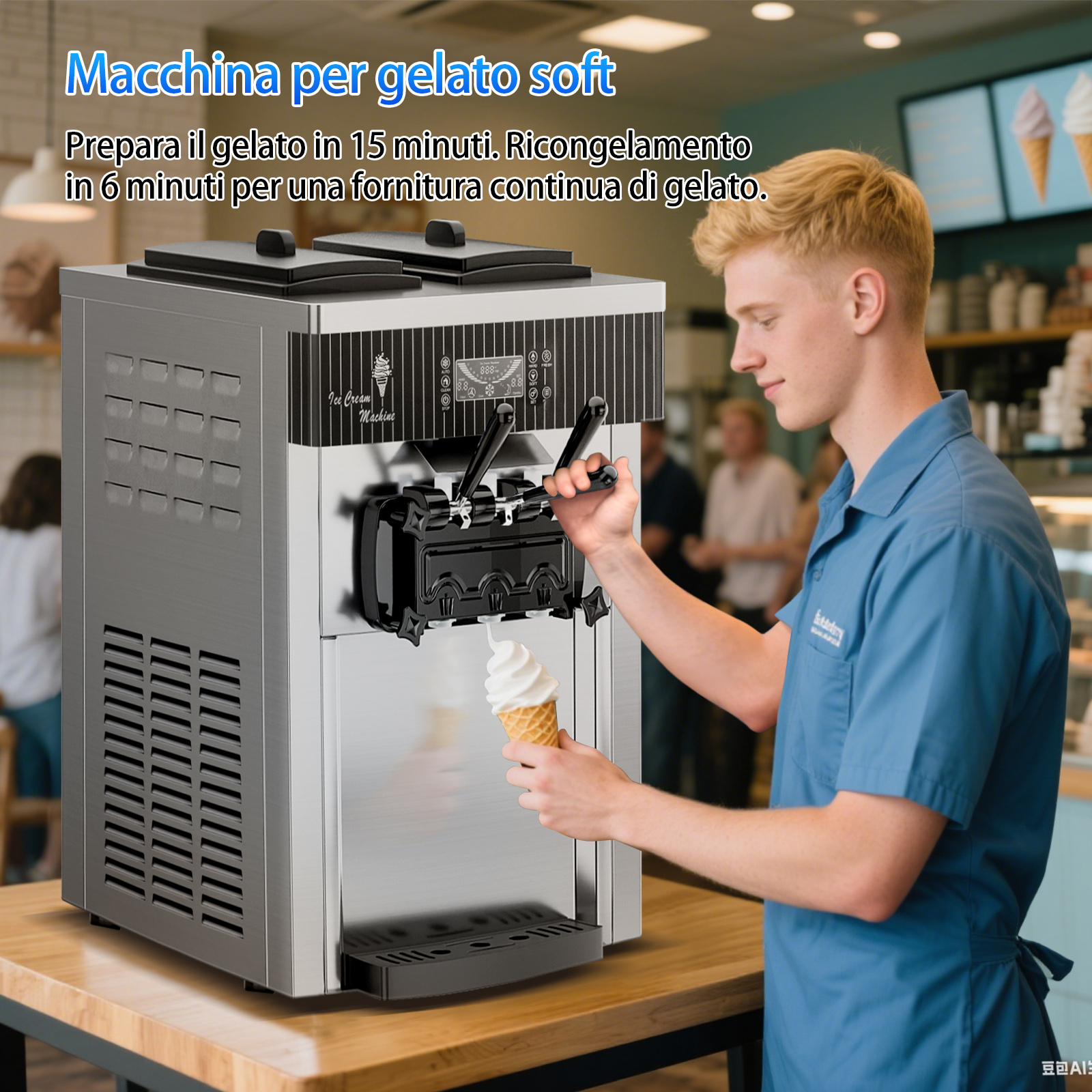 Leevot Macchina Gelato Soft da Banco 28 Qt/H – 2450W, 2x6L Vasche, 3 Erogatori, Display LCD, Auto-Pulizia e Pre-Raffreddamento, per Ristoranti e Bar